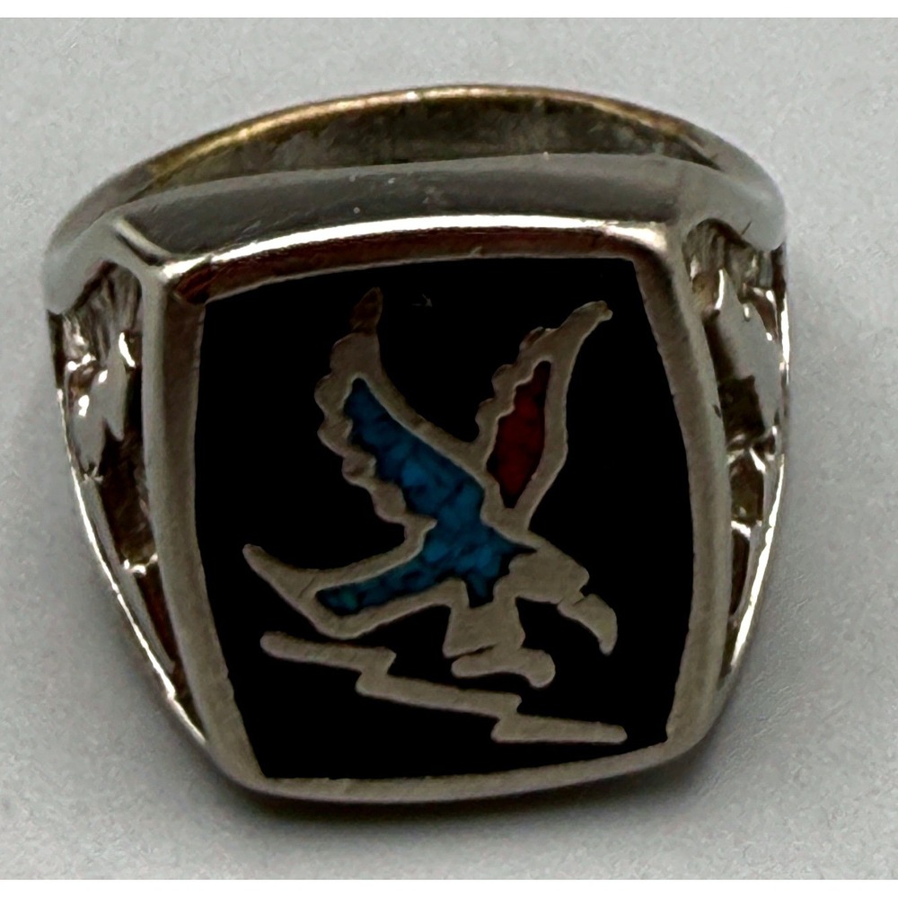Vintage CO 85 Eagle Thunderbird Inlay Signet Ring Silver Tone Black Size 6.5 - Picture 10 of 10